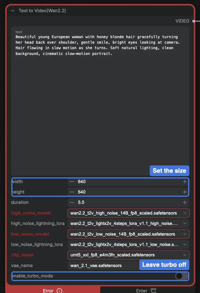 The template's one node: set the size here and leave turbo mode off