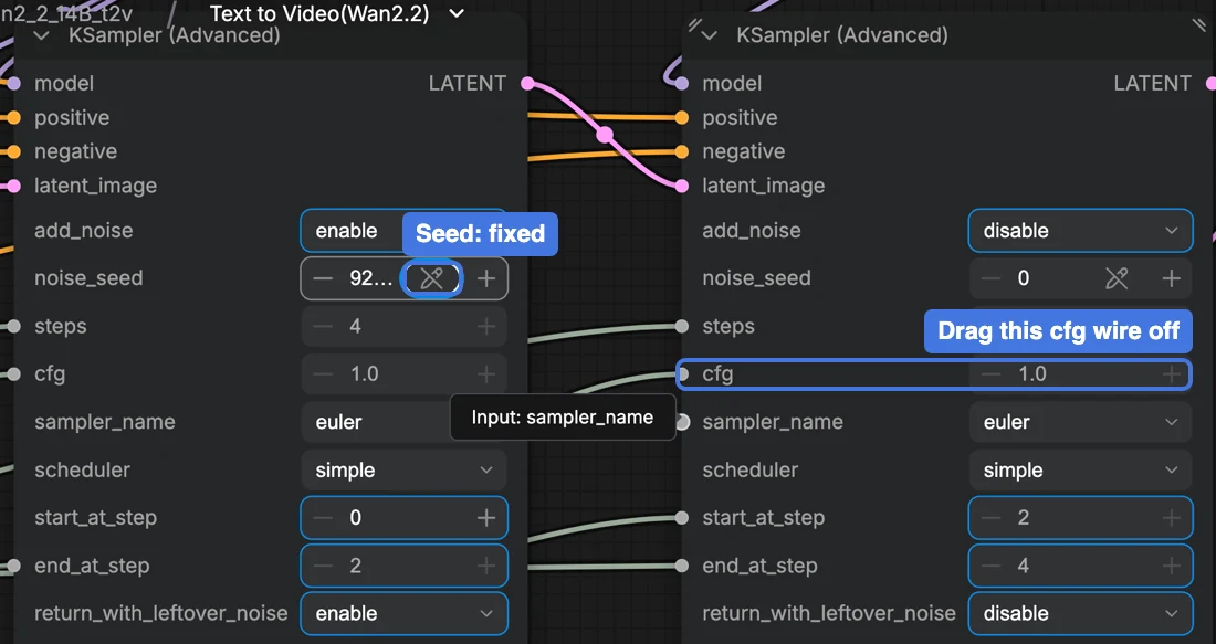 Seed fixed on the first sampler; drag the second sampler's cfg wire off